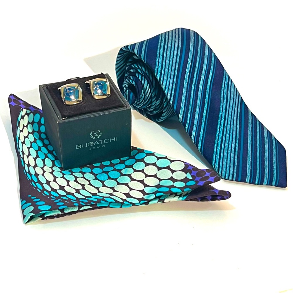 Bugatchi lot. 100% silk tie and pocket square & enamel & stainless cuff links.
